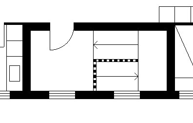 Arkitektonisk illustration av en trappa framför en dörr, utan synlig plattform eller yta framför första trappsteget.