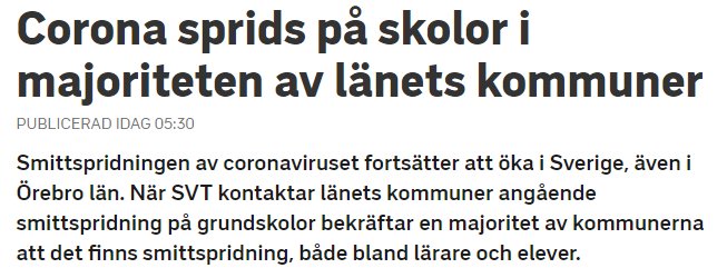 Skärmdump av en nyhetsartikel med rubriken 'Corona sprids på skolor i majoriteten av länets kommuner', publicerad tidigt på morgonen.