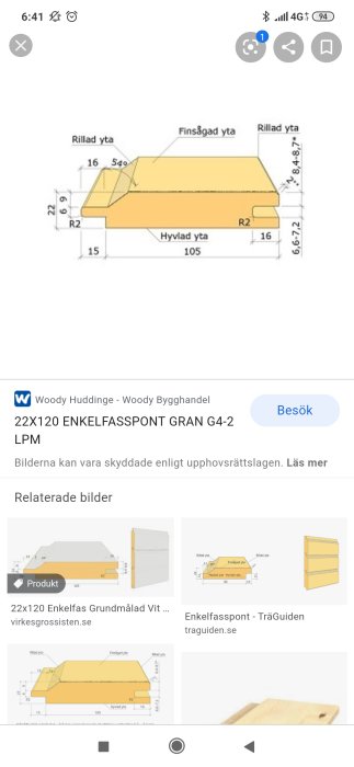 Teknisk ritning av enkel fasspontpanel i trä med dimensioner och olika ytstrukturer markerade.