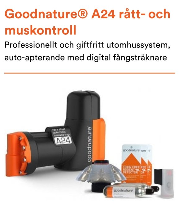 Goodnature® A24 rått- och musfälla och tillbehör för professionell och giftfri utomhuskontroll.