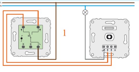 Elektrisk kopplingsschema för växlande strömbrytare med markerade trappkopplingar och bruna mellantrådar.