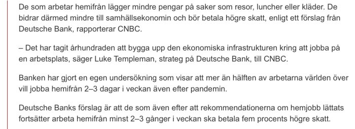 Skärmdump av en artikel om förslag från Deutsche Bank att hemarbetare bör betala högre skatt för samhällsekonomins skull.