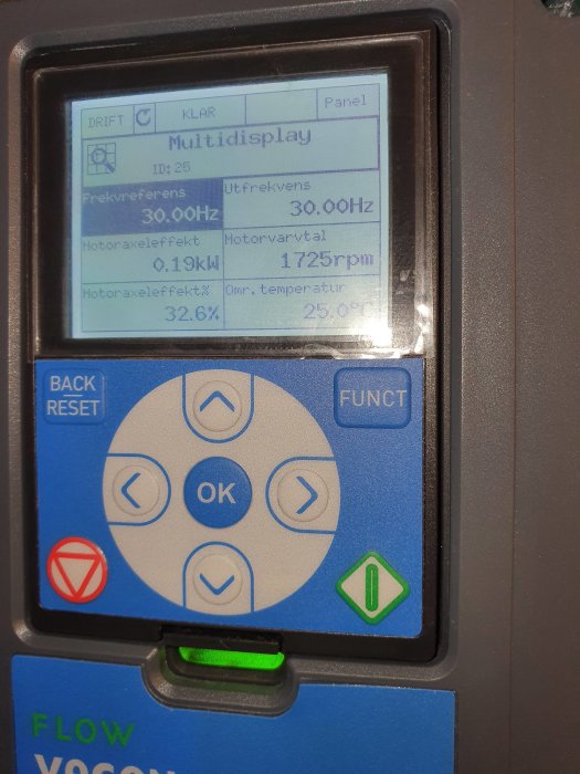 Display på frekvensomriktare som visar 30.00 Hz, axeleffekt på 0.19 kW och motorvarvtal på 1725 rpm.