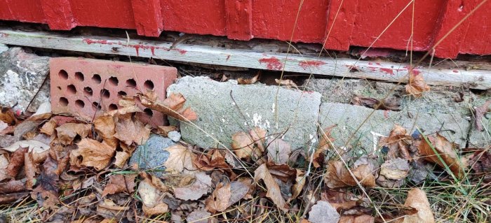 Skadad husgrund med mörknade syllar och löv samt en tegelsten framför en rödmålad vägg.