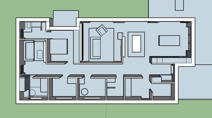 Skiss på en planlösning för ett hus om 170kvm med flera rum, inklusive kök, vardagsrum och separerade sovrum.