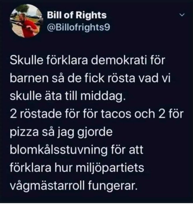 Skärmavbild av ett sociala medier-inlägg med text som beskriver en humoristisk situation om demokrati och middagsval.