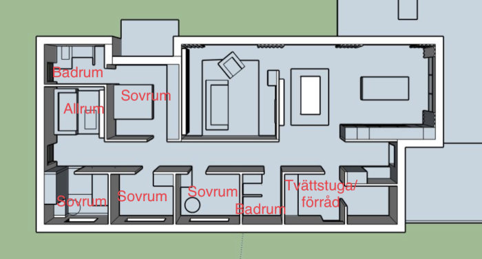 Ritning av lägenhet med etiketterade rum inklusive sovrum och barnrum som är cirka 8 kvadratmeter.