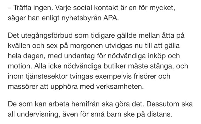 Skärmdump av en text som beskriver utegångsförbud och begränsningar i Österrike.