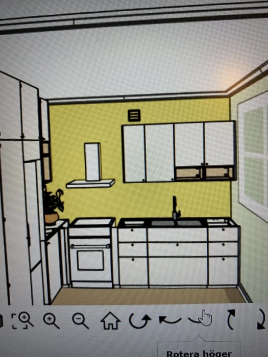 Illustration av ett köksdesignförslag med vita skåp, diskbänk och fläkt utan diskmaskin.