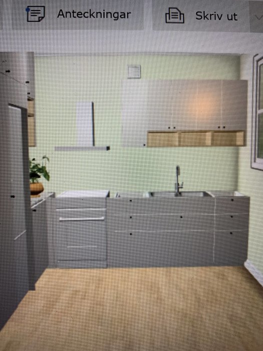 Digitalt ritat kök med grå skåp utan handtag, vit diskbänk och vägghängda skåp.
