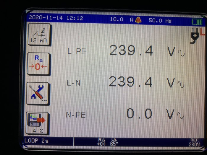 Display av en installationstestare som visar spänningsmätningar; L-PE och L-N på 239.4 V, N-PE på 0.0 V.