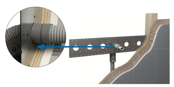 LK Grip väggbockstöd i grått anslutet till en väggskena monterad på träkonstruktion, illustration för rörinstallering.