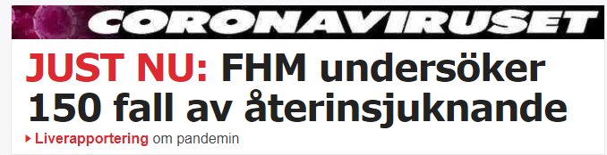 Nyhetsskärmdump om FHM som undersöker 150 fall av återinsjuknande i COVID-19.