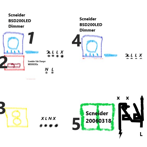 Diagram över elinstallation med numrerade komponenter och kablar för vardagsrum och trapphall.