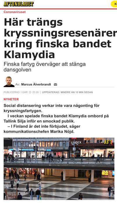 Artikel om trängsel på fartyg med finska bandet Klamydia, förslag om stängning av dansgolv och citat av Marika Nöjd.