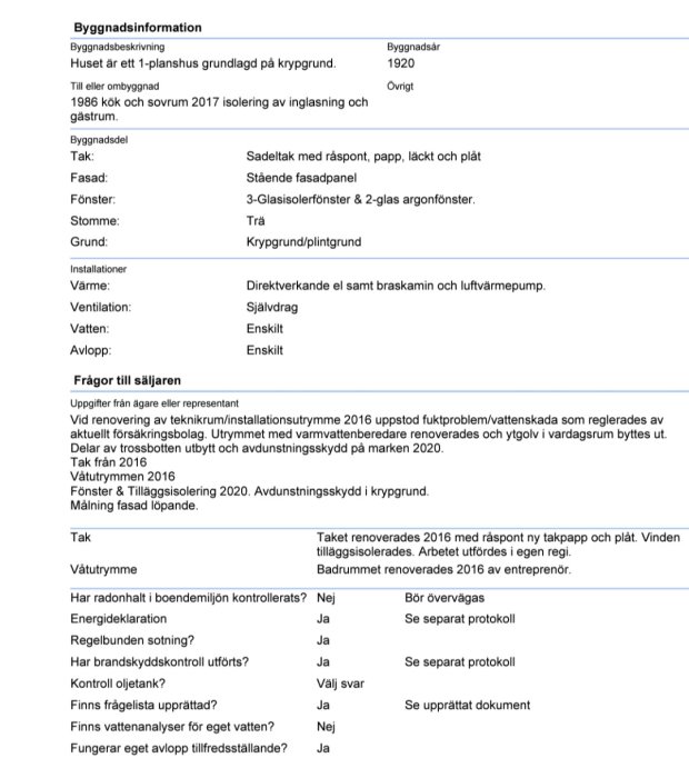 Dokument med byggnadsinformation om ett hus byggt 1920 inkluderar uppgifter om renoveringar och installationer samt frågor till säljaren.