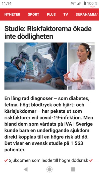 Medicinsk personal i blå skyddskläder runt en patient, artikel om studie på riskfaktorer och dödlighet.