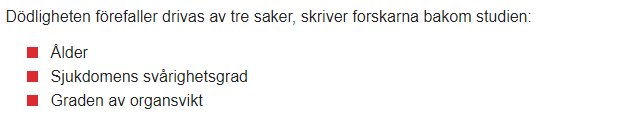Textlista med tre faktorer som påverkar dödlighet: ålder, sjukdomens svårighetsgrad, graden av organsvikt.