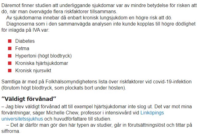 Text ur en artikel som listar riskfaktorer för dödlighet vid sjukdom, med markerade punkter som diabetes, fetma, högt blodtryck, och hjärt-kärlsjukdomar.
