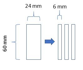 Schematisk illustration av klyvning av ipéplankor till smalare 6 mm remsor med måttmarkeringar.