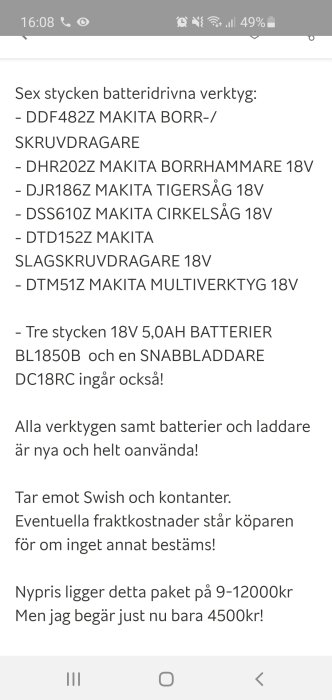 Lista över sex nya Makita batteridrivna verktyg och tillbehör med prisinformation på en online försäljningsannons.