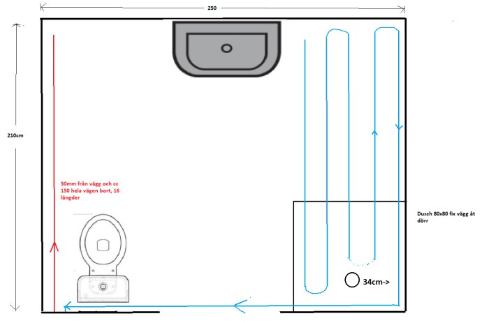 Skalenlig ritning av badrumsplan med golvvärmeslingor, toastol och dusch markerade.