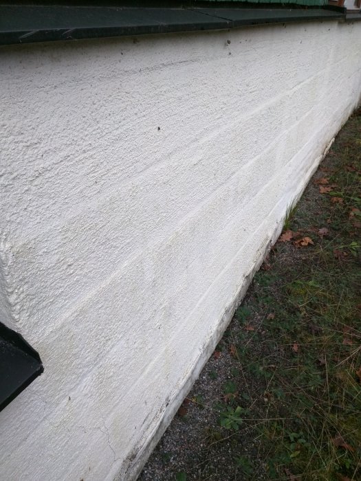 En vitputsad vägg på en byggnad med synlig grund och grått takfotsskydd ovanför, bredvid grönskande gräs.
