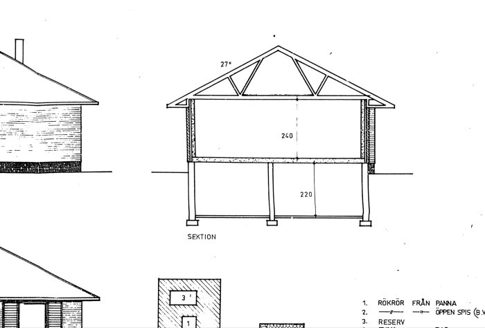 Sektionsritning av ett hus som visar takstolar, utringad icke-bärande vägg och riktningar för takstolarna.