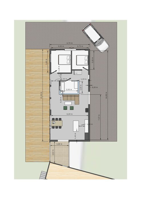 Arkitektonisk ritning av planlösning alternativ 1 för en ny stuga med mått, möblering och bil.