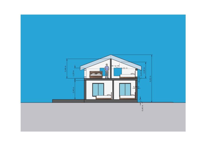 Arkitektritning av en stuga med mått, inkluderar kök, badrum och layoutalternativ.