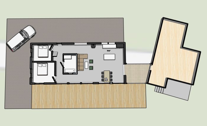 3D-ritning av en planlösning för en stuga med möblering och anslutande bil.