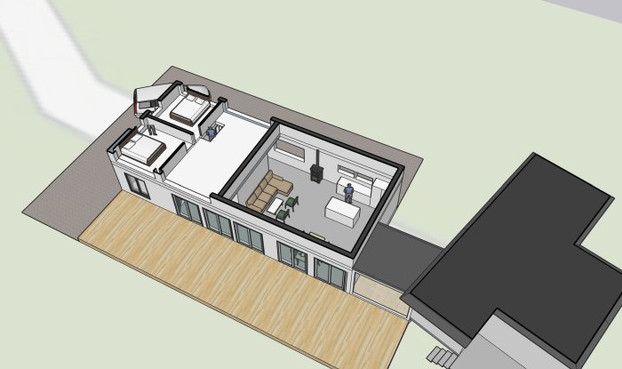 3D-ritning av stugans planlösning alt 1 med kök, vardagsrum och synligt badrum.