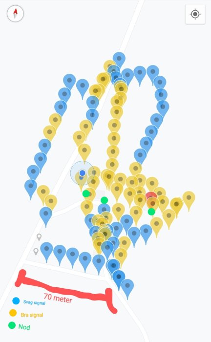 WiFi-nätverkets täckningskarta med blå, gula och gröna noder och en röd mätsträcka.