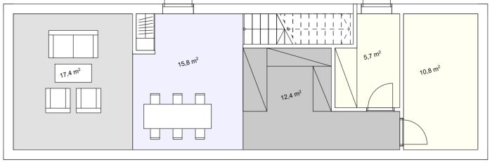 Planritning med angivna ytor för rum, inklusive sovrum och vardagsrum.