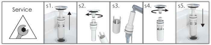 Instruktionsbilder som visar demontering och rengöring av Prevex EasyClean vattenlås i fem steg.