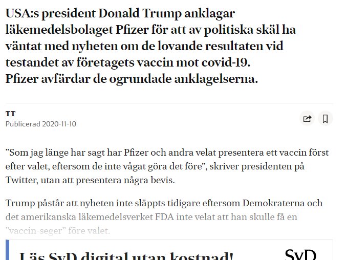 Skärmdump av en nyhetsartikel som diskuterar anklagelser mot Pfizer av Donald Trump.