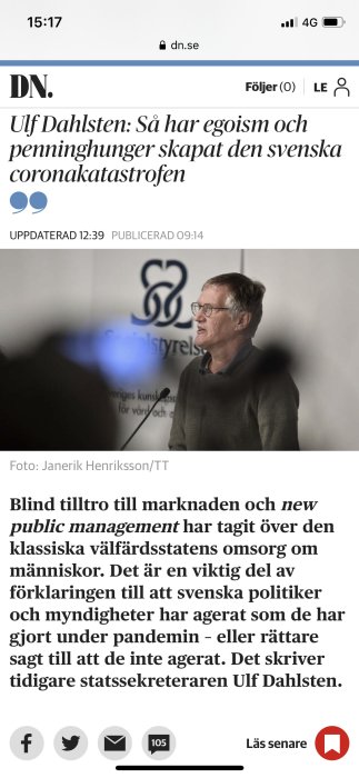 Screen från DN med artikel om coronahantering av Ulf Dahlsten, syns delvis i bild.