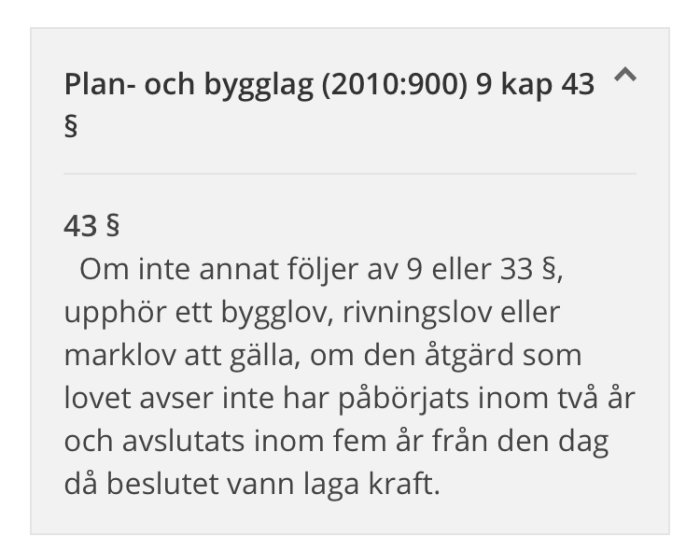 Skärmdump av Plan- och bygglagen text med paragraf om bygglovets giltighetstid.