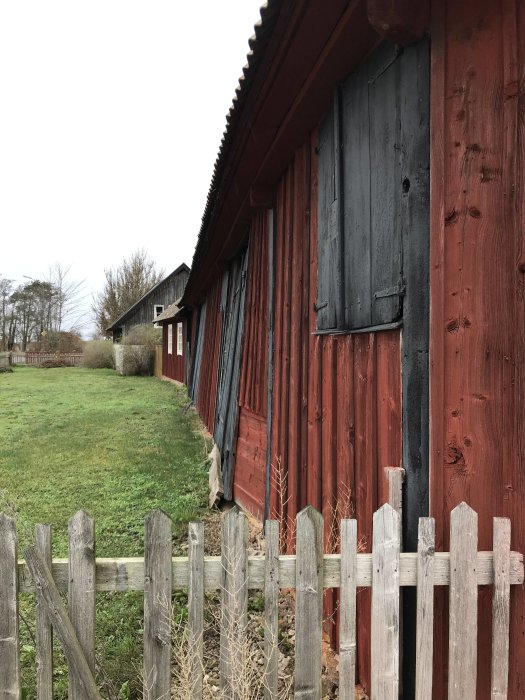 Rödmålad ladugård med vindskadad västlig sida och skevt trästaket i förgrunden.