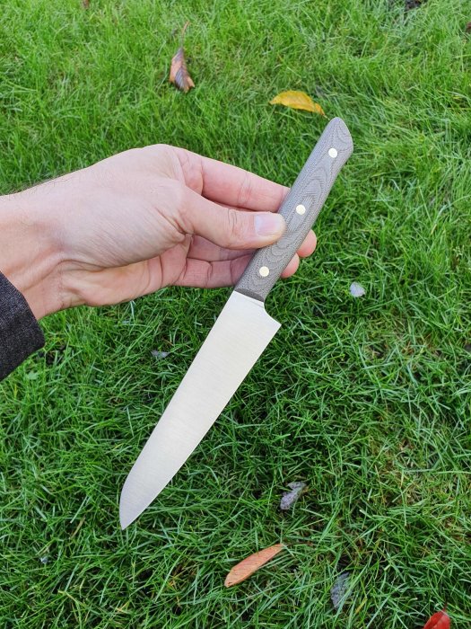 Hand håller en liten kökskniv med grått handtag mot en bakgrund av grönt gräs.