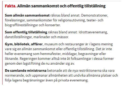 Skärmdump av en artikel som definierar allmän sammankomst och offentlig tillställning med exempel som demonstrationer och konserter.