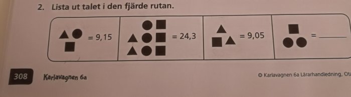 Matematikuppgift som visar geometriska former representerande tal i en sekvens för att lösa för det fjärde talet.