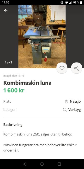 Kombimaskin Luna Z50 i en verkstadslokal, använt skick, säljes utan tillbehör.