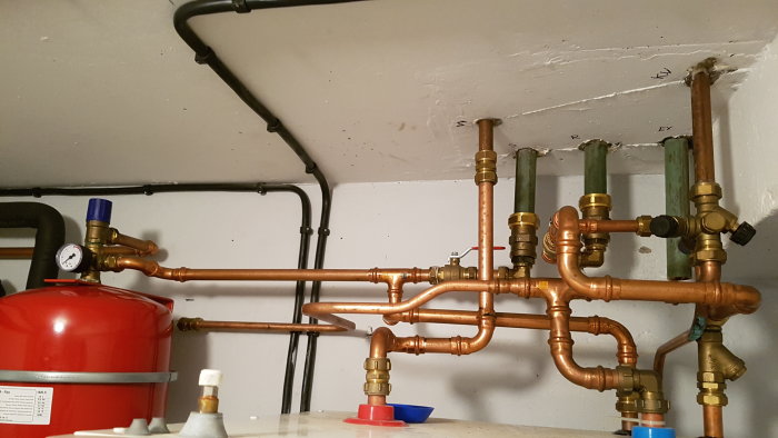 Kopparledningar och ventiler för vatten med en tryckmätare visande noll i ett pannrum.