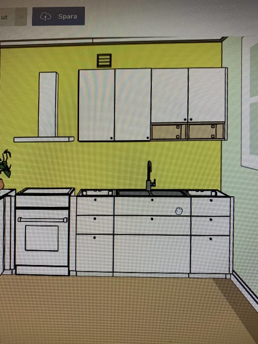 Digital skiss av köksdesign med likformade skåpsdörrar, fläkt utan luft till höger och underskåp vid hoar.
