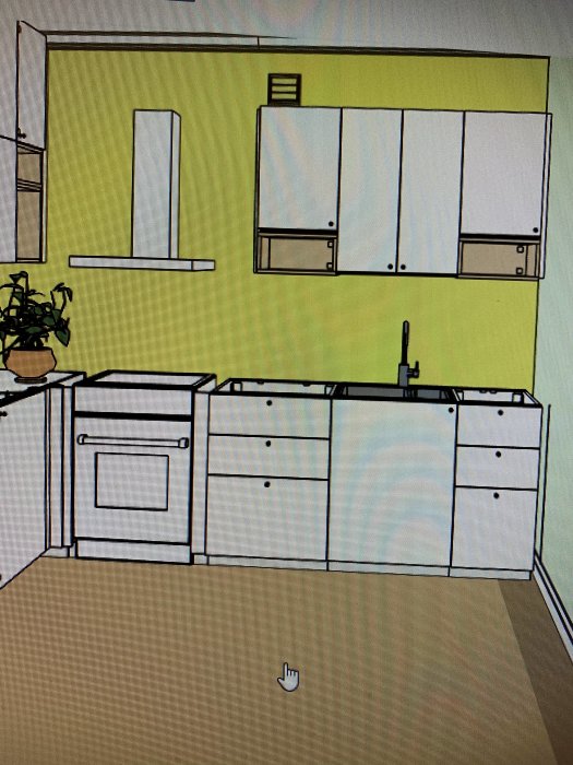 Ritning av kök med lika stora skåpdörrar, underskåp på 80 cm vid diskho och fläkt till vänster.