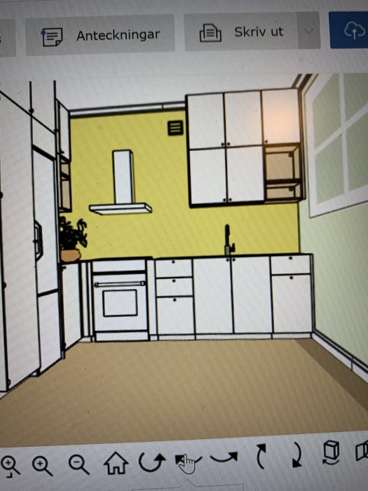 Digital skiss av ett kök med enhetligt 160 cm breda underskåp längs väggen, utan luft till höger om köksfläkten.