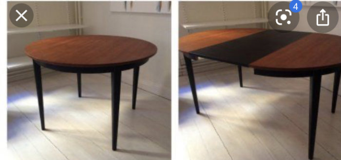 Ett runt bord med svarta ben, som är ihopfällt, bredvid samma bord utdraget med en extra sektion i mitten.