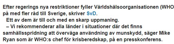 Skärmdump från nyhetsartikel om WHO:s rekommendation för munskydd i Sverige.