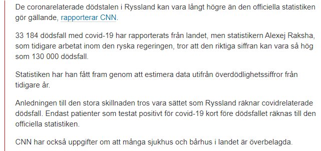Skärmdump av en nyhetsartikel om rapporterade coronarelaterade dödsfall i Ryssland med text.
